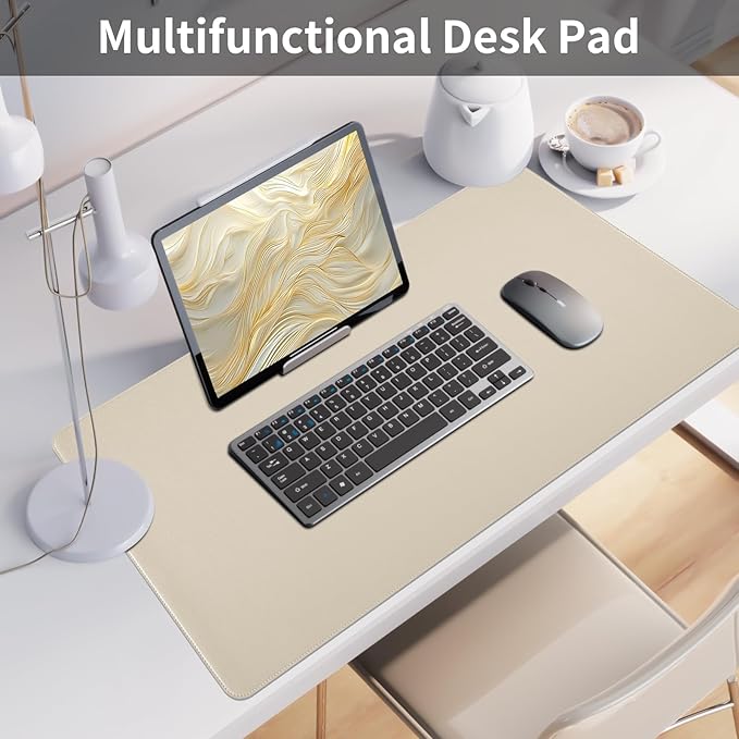 Beige Desk Mat with Stitched Edges, 31.5"×15.7" Keyboard Pad, Non-Slip Desk Protector Mat, Leather Desk Blotter, Waterproof Desk Pad for Office Home Decor