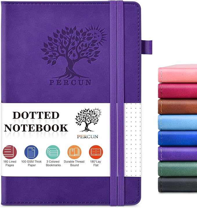 PERCUN Dotted Journal Notebook for Men & Women, 160 Pages Dot Grid notebook for Note Taking, Bullet Journaling Notebook for Work, School, Travel, Writing, A5 Hardcover 5.9" x 8.5" (Purple)