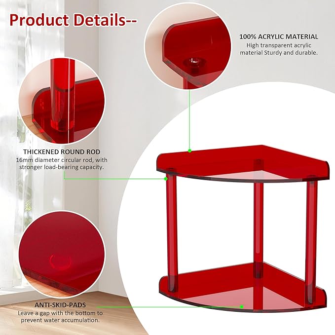 Sezanrpt 2 Tier Countertop Corner Organizer Shelf 7x7x8 Inch, Red Acrylic Bathroom Corner Shelf for Countertop, Vanity Storage for Skincare, Cosmetics, Perfume