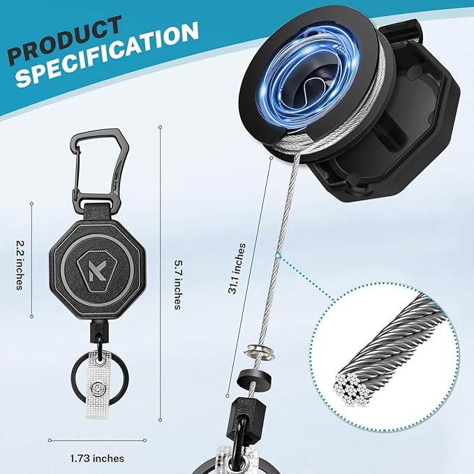 koorito 2 Pack Heavy Duty Retractable Badge Holder Key Reel with 31.1' Retractable Cord, Black
