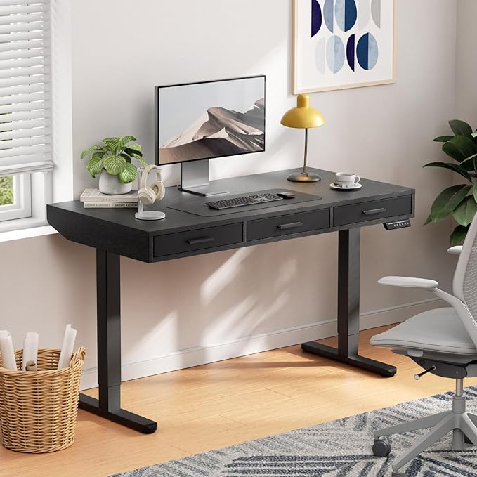 HUANUO Electric Standing Desk with Drawers, C-Clamp Mount Compatible, 48 x 24 Inch Height Adjustable Sit Stand Desk, Fabric Drawers, Home Office Stand Up Desk with 4 Custom Height Settings, Black