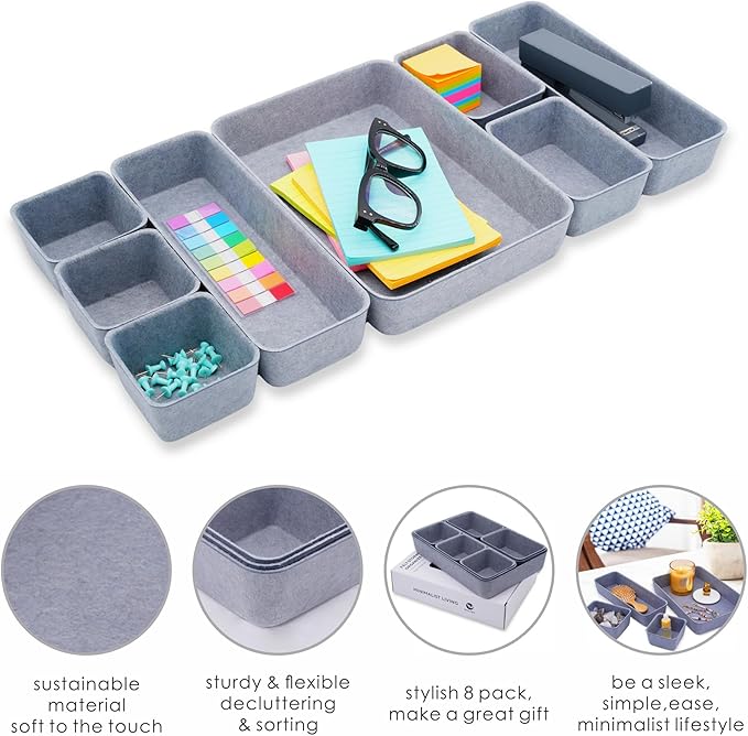 Welaxy Desk Drawer Organizer Tray, 8-Piece Felt Storage Drawer Dividers for Office & Home (Glacier gray)