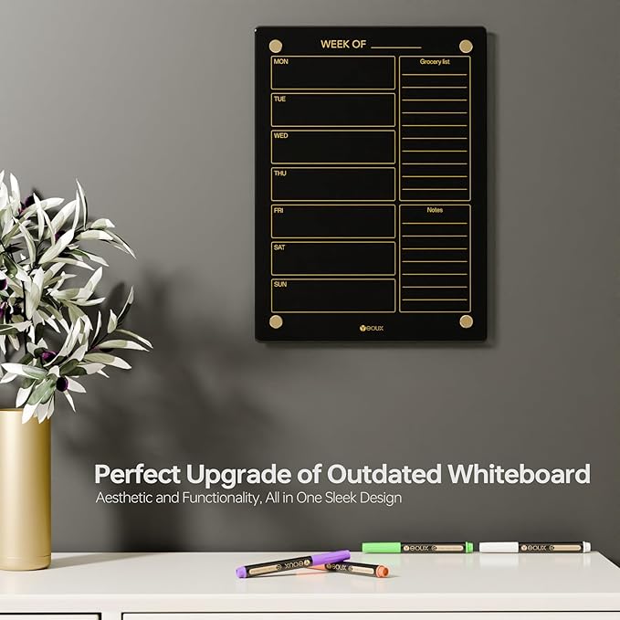 Black Glass Golden Weekly Dry Erase Calendar & Menu Whiteboard for Wall, Meal Planning & Grocery Shopping List White Board for Kitchen & Home, 15x11, 4 Wet Erase Markers Included, Yeoux
