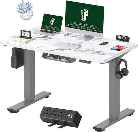 FLEXISPOT EN2 Whole-Piece Standing Desk with Clamp Power Strip, 48 x 24'' Electric Stand Up Height Adjustable Desk with Cable Management (Gray Frame + 48" Marble Gray, 2 Packages)
