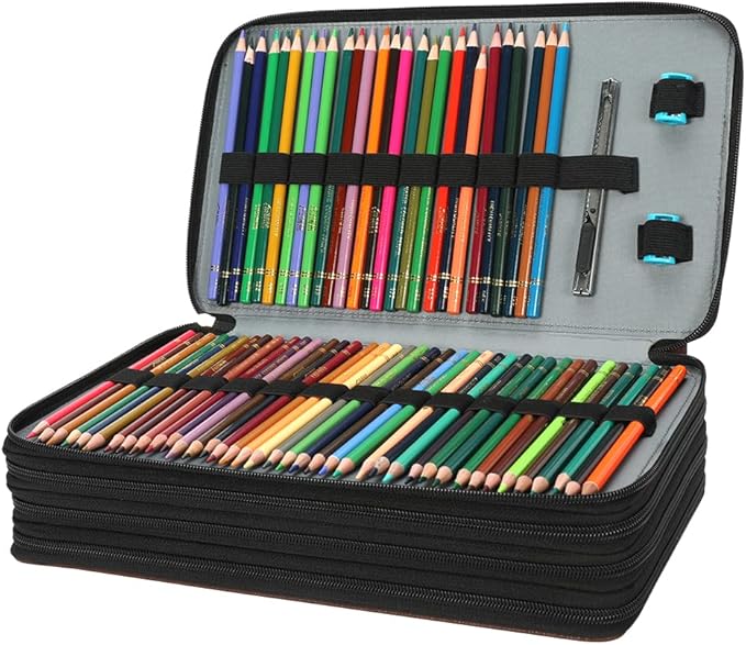 Vomgomfom Colored Pencil Case - Large Capacity PU Leather Pencil Holder with Zipper Closure for 300 Colored Pencils or 200 Gel Pens, Artist Pencil Case Organizer (Black)
