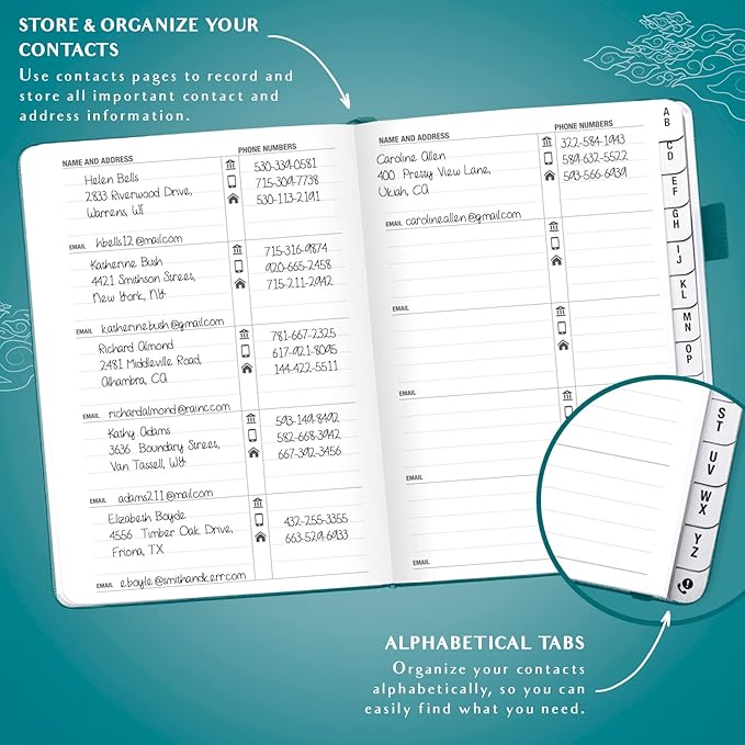 Legend Planner Address Book with Alphabetical Tabs – Mini Telephone Contacts Book for Phone Numbers, Addresses, Passwords, Small (Dark Teal)