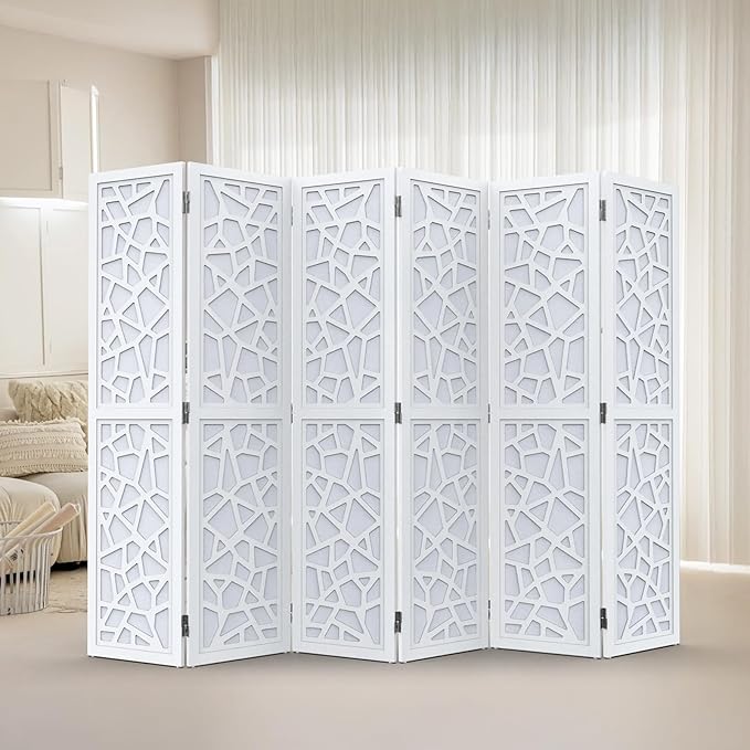 VINGLI 70'' H Room Divider, Non-Woven Fabric Privacy Screen, Indoor Partition Wall Dividers, Freestanding Hinged Space Separator with Modern Unique Pattern (White, 6 Panel)