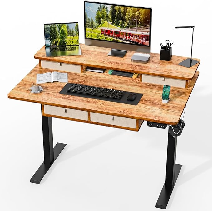 Kingant 48 x 30 Inch Electric Standing Desk with 4 Drawers, Adjustable Height Computer Desk for Home Office, Large Workstation Sit Stand Up Desk with Built-in USB A/C Ports, Light Rustic Brown
