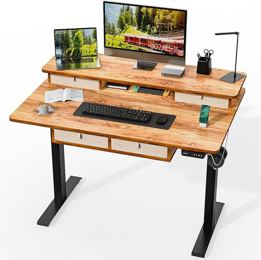 Kingant 48 x 30 Inch Electric Standing Desk with 4 Drawers, Adjustable Height Computer Desk for Home Office, Large Workstation Sit Stand Up Desk with Built-in USB A/C Ports, Light Rustic Brown