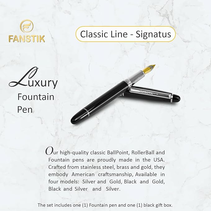 FANSTIK, Customized Fountain pen with name (MADE IN USA), stainless steel, black and Silver, luxury engraved pen personalized for men and for women. (Fountain Black-Silver)