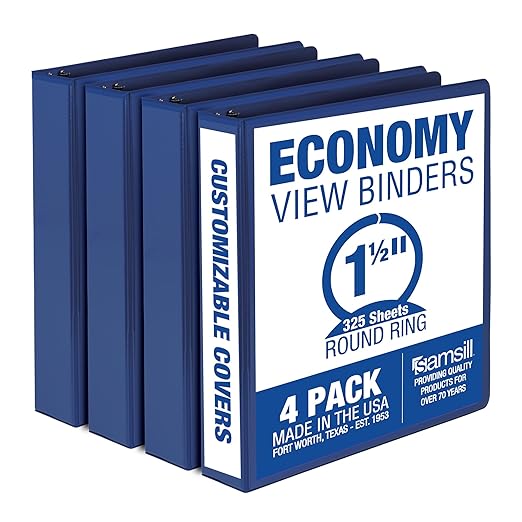 Samsill 1.5 Inch 3 Ring Binders, Made in USA, Economy Round Ring, Clear View Cover, 325 Sheet Capacity - for School, Home, Office - Blue, 4 Pack
