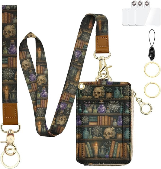 bolimoss Bookshelf Lanyard Wallet for Women Teacher, Goth Skull Leathe RFID Small Keychain Wallet Credit Card Holder Breakaway Wrist Neck Strap for Key Name Tag
