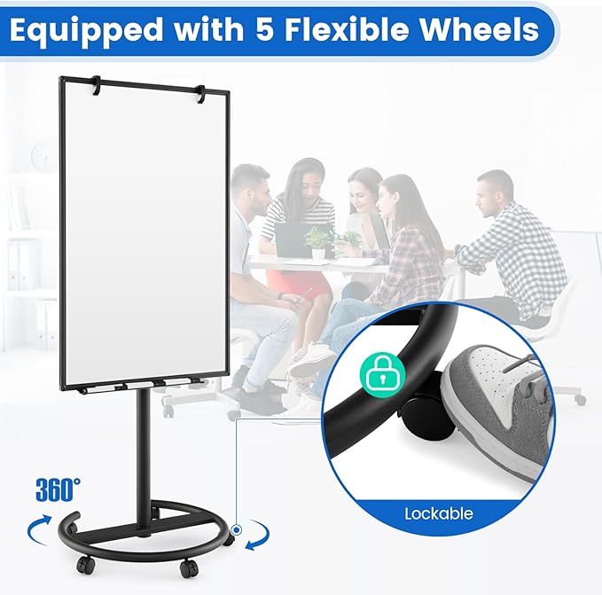 Goplus 40” x 26” Rolling Whiteboard, Height Adjustable Magnetic Dry Erase Board on Wheels with Round Stand, Paper Clips, Storage Tray, Paper Pad, Magnets, Markers, Mobile White Board for Office School