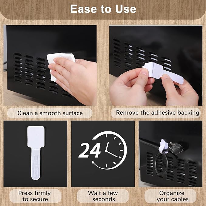 100 Pcs Hook and Loop Cable Straps, Under Desk Cord Management Self Adhesive Cable Ties Adjustable Cord Organizer for Desk Home Office Organization (White)
