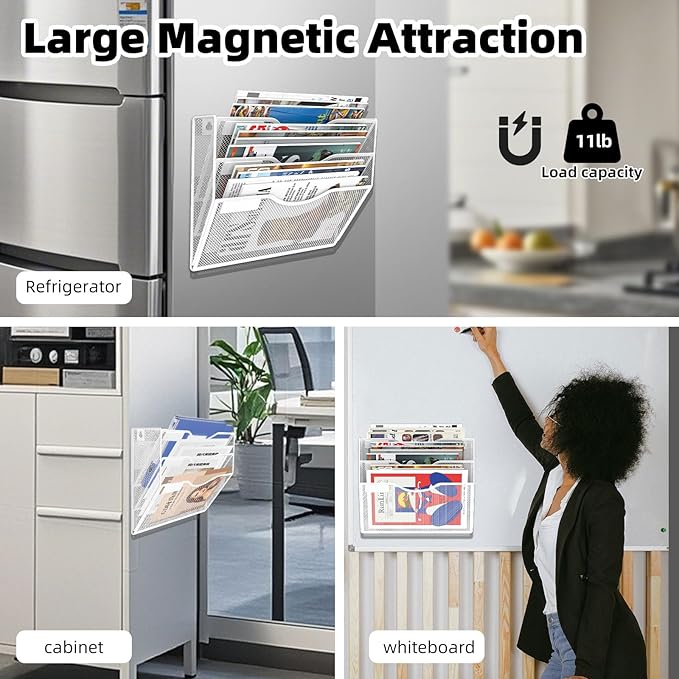 LQPAFZ 3-Tier Magnetic File Holder, No Drilling Installation File Cabinet Organizer, White Magnetic File Organizer, Magazine Rack, Magnetic Paper Holder for Refrigerator, File Cabinets,White