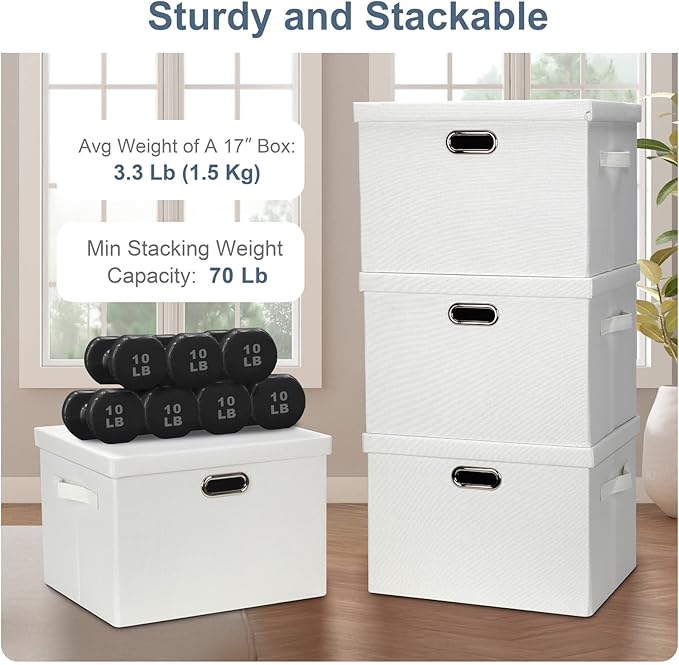 Graciadeco Large 17" 36 Quart Collapsible Stackable Storage Bins with Lids, 1 Pack White Foldable Fabric Closet Storage Boxes with Lids, 4 Handles Heavy-duty Linen Cube Baskets for Bedroom