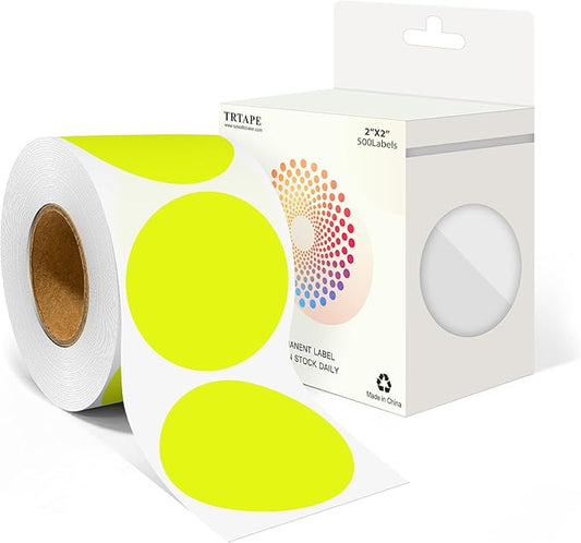 2 Inch Round Color Coding Labels (500 Count) - Fluorescent Yellow Dot Stickers Circle Labels with Dispenser Box for Warehouse, Filing, Industrial, Office Organization