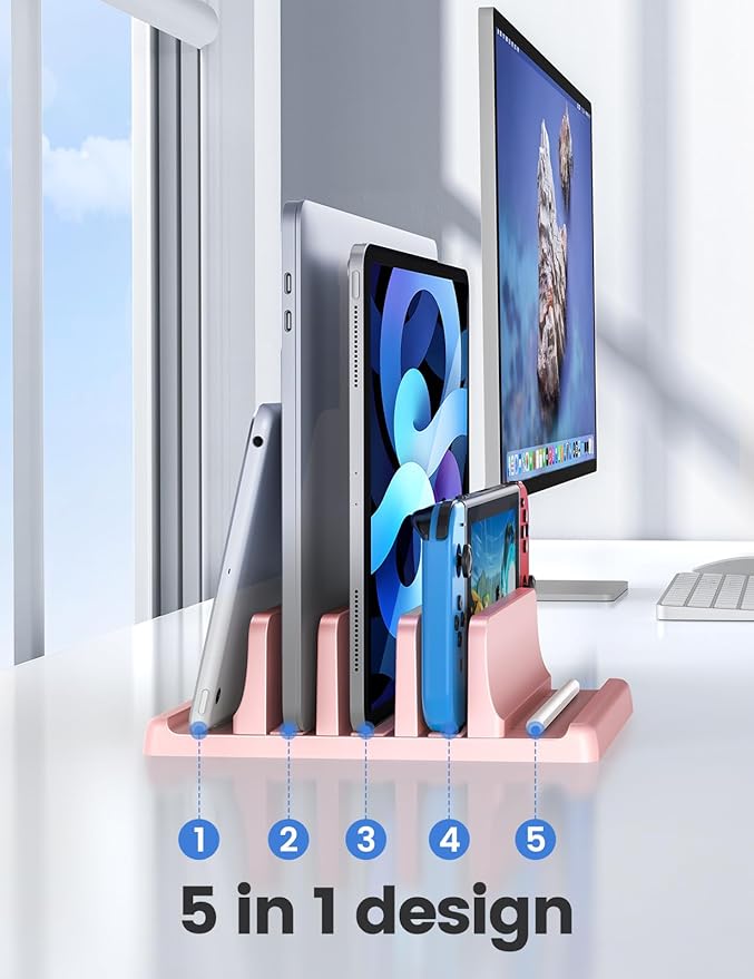 Vaydeer 3-Slot Vertical Laptop Stand Made of Premium ABS Plastics 5 in 1 Design Space-Saving Adjustable Desk Organizer for All MacBook/Chromebook/Surface (Pink)