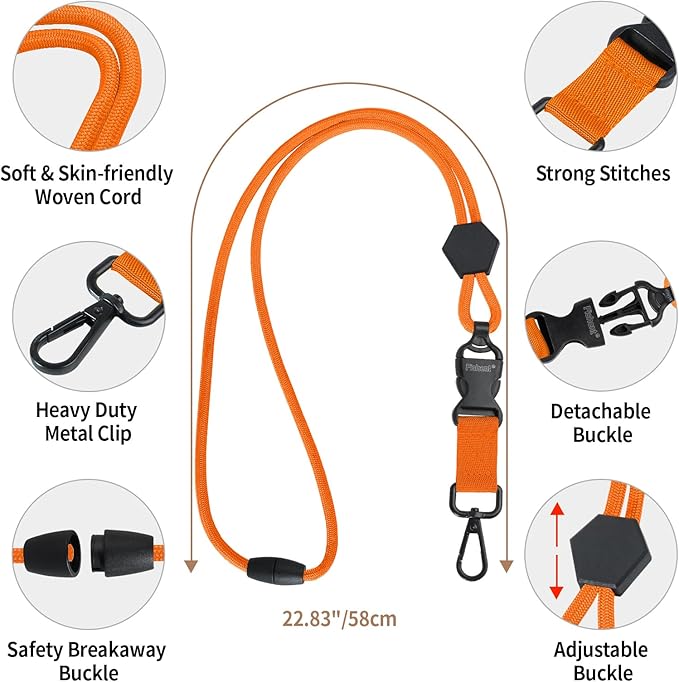 Fishent Breakaway Neck Lanyards for ID Badges, Adjustable Sturdy Round Cord Heavy Duty Key Lanyard with Detachable Buckle for Men Women Car Keys Card Holder (Orange)