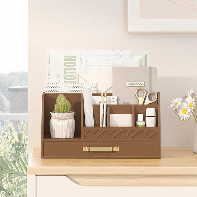 Wisuce Essentials Bamboo Desk Organizer with Drawers, Mail Organizer Countertop Wood Desk Drawer Tabletop Storage Organization Pen Holder Letter Sorter Makeup Organizer for School Home Office (Brown)
