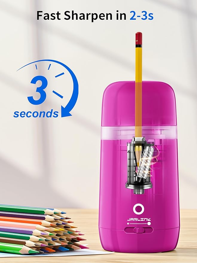 JARLINK Automatic Electric Pencil Sharpener - Hands-Free Operation, 3 Sharpness Modes, 3-Second Sharpening, Rechargeable & Portable for 7-12mm Pencils, Ideal for Classroom and Home Use (Purple)