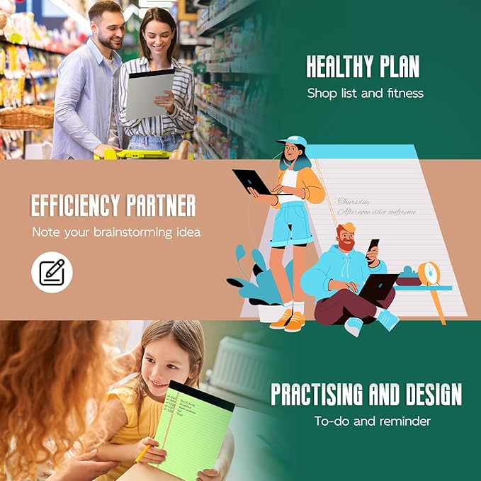 3 Pack Colored Legal Pads 8.5 x 11 Wide Ruled Note Pads, Green Notepads Writing Pads 30 Sheets/Pad, Perforated Lined Paper Note Pad 8.5 x 11 of Paper Notebook To-Do List for School & Office Supplies