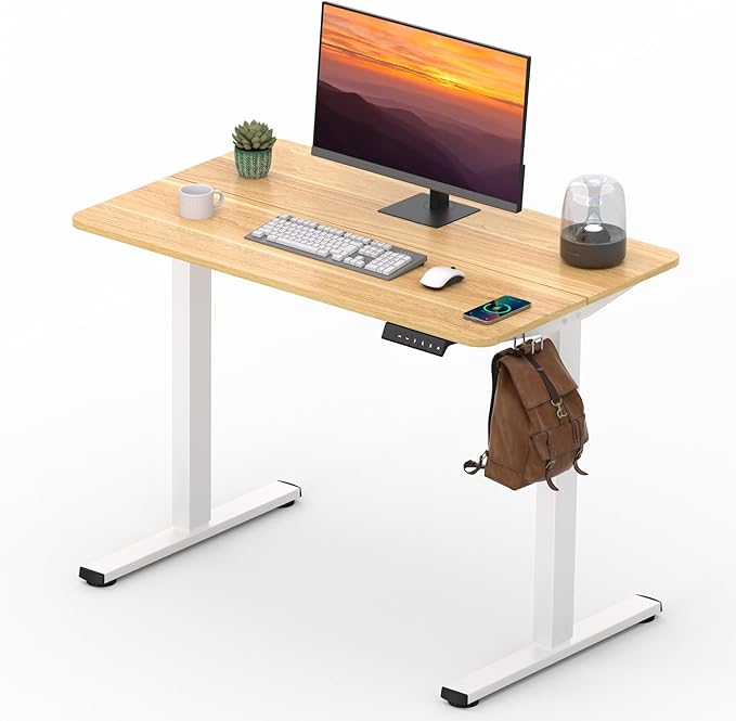 FitStand Adjustable Stand Up Desk Standing Desk, 40x24 Inches Home Office Desks with Memory Preset Computer Workstation, Splice Maple Top + White Frame
