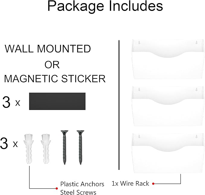 3 Pockets Magnetic File Holder for File Cabinets, Refrigerator, Whiteboard, Magnetic Paper Organizer, Magnetic Mail or Folder Holder,Magnetic Magazine Rack,Wall Mount Hanging Mail Organizer (white)
