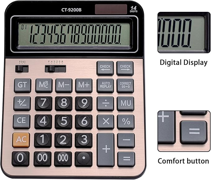 HIHUHEN Large Computer Electronic Calculator Counter Solar & Battery Power 14 Digit Display Multi-Functional Big Button for Business Office School Calculating (HY-9200B)