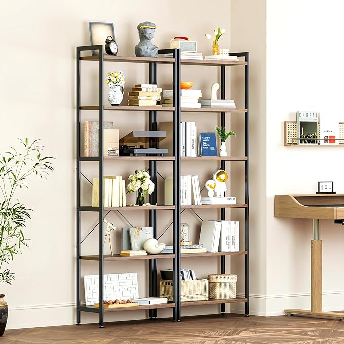 Casaottima Book Shelf Set of 2, 6 Tier Tall Bookshelf, Modern Wood Bookcase Shelves for Bedroom, Industrial Display Shelf for Living Room Home Office, Standing Shelving Unit Storage Organizer, Vintage