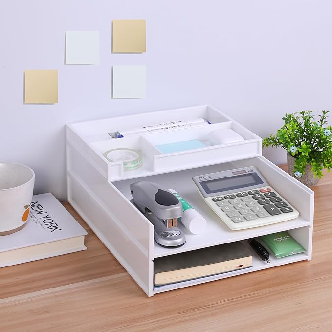 Eufrozy 3 Tier Stackable Letter Tray Paper Organizer, White Desk Paper Tray for Office Desktop Organizing, Cardboard Inbox, File Sorter, A4 Paper Turn in Tray, Document Storage, Mail Holder