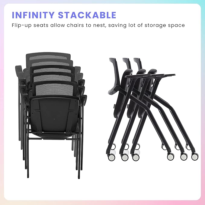 12 Pack Stackable Conference Room Chairs with Wheels and Paddle, Ergonomic Mesh Back and Arms for Meeting, Conference, Reception, Training Room & Home Office Desk Folding Chairs, Set of 12