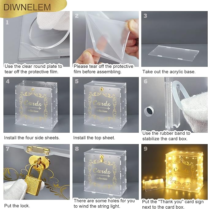 DIWNELEM Acrylic Wedding Card Box with Lock String Light Clear Large Card Box for Wedding Letter Box Envelope Box Acrylic Gift Card Box Money Box for Party Birthday Reception