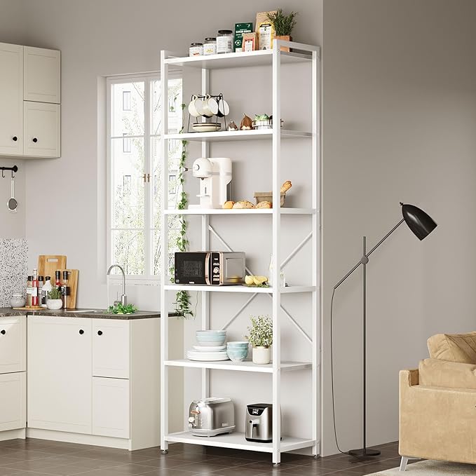 Casaottima Book Shelf, 6 Tier Tall Bookshelf, Modern Wood Bookcase Shelves for Bedroom, Industrial Display Shelf for Living Room Home Office Kitchen, Standing Shelving Unit Storage Organizer, White