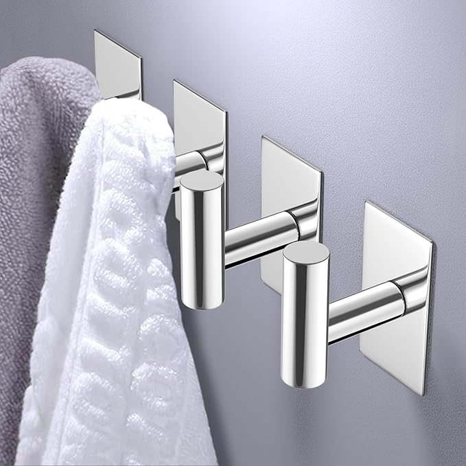 VAEHOLD Wall Towel Hooks, Heavy Duty Sticky Holder Waterproof Towel Hooks for Hanging Coat, Clothes, Closet Hook Wall Mount for Kitchen (Chrome, 4 Pack)