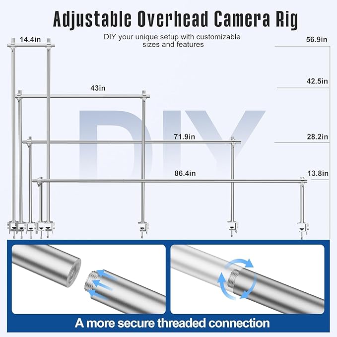 Overhead Camera Mount Rig, Adjustable Aluminum Tabletop Platform for Multi-Device Shooting, Include Dual Ball Heads and Clamp, Supports Max Load 11kg for Product Photography, Live Streams