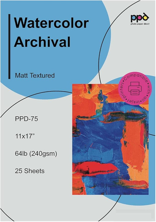 PPD Watercolor Printer Paper, 11 x 17 inches, 25 Sheets, Heavy 240 gsm/60 lb, Textured, Acid-Free, Compatible with Inkjet Printers