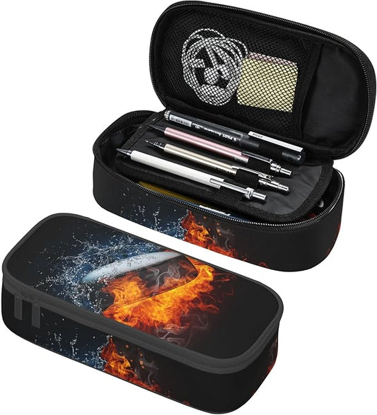 YIJIUWKIS Hockey Pencil Case for Kids Boys, Large Capacity Pencil Box Storage Pen Bag with Zippers, Sports-Themed Black Pencil Pouch Stationery Case for Office School