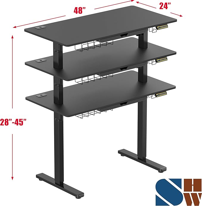 SHW 48-Inch Electric Height Adjustable Standing Desk with Drawer, Memory Preset and Cable Management Tray, Black