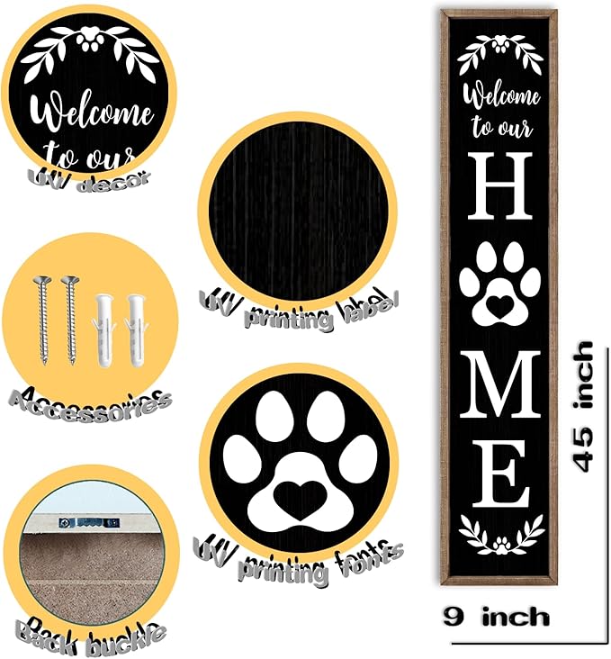 LuZhiQiang Front Porch for Welcome To Our Home Standing Sign 45"X9" Vertical Tall Long Leaner Paw Print Outdoor Front Door Wood Framed Decor (Wood Black)