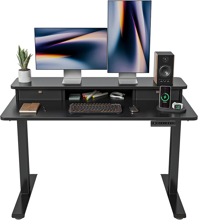 FEZIBO 48 x 24 Inch Height Adjustable Electric Standing Desk with Double Drawer, Computer Desk, Home Office Stand Up Table with 4 Height-Adjustable Feets & 2 Hooks, Black