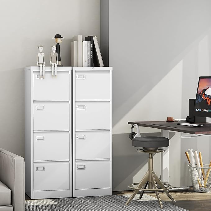PEUKC 4-Drawer File Cabinet, 16.3" Deep Vertical Filing Cabinet with Lock, Metal File Cabinet for Home Office, Anti-Tip 4 Storage Drawers for Letter/Legal/A4/F4 Size (Assemble Required, White)