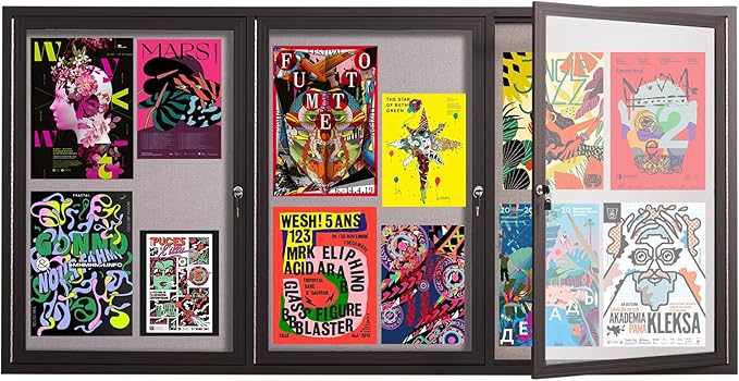 71×36 Inch Lockable Enclosed Bulletin Board, Weather-Resistant Outdoor Noticeboard with Locking Doors, Wall-Mounted Black Aluminum Frame & Grey Felt Presentation Board