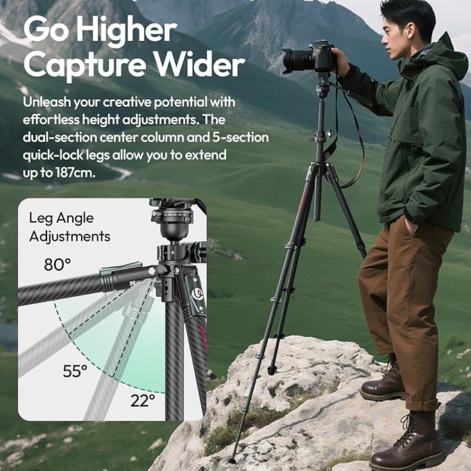 Ulanzi JJ06 Professional Camera Tripod Stand with Dual 360° Fluid Head, Dual Center Column, Ball Head, Quick Release Plate, Compatible with Arca for DSLR, Video