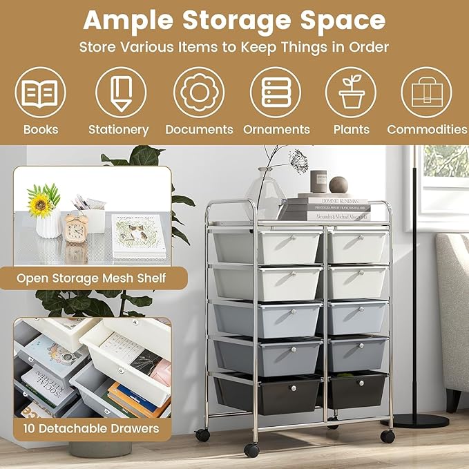 LDAILY 10 Drawer Rolling Cart, Storage Cart Organizer on Wheels, Drawer Cart with Metal Frame & Large Storage Capacity, Rolling Cart with Drawers for Living Room Classroom, Office