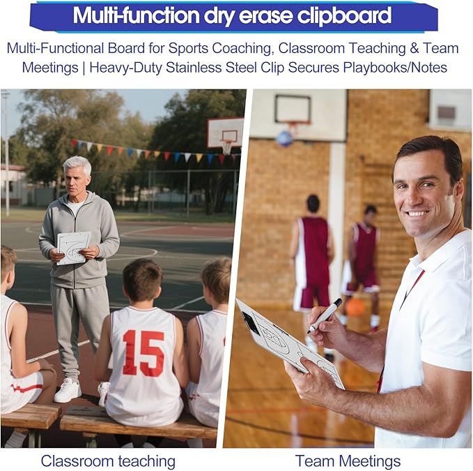 Double-Sided Basketball Coaching Clipboard & Dry Erase Whiteboard for Coaches | Built-in Marker Holder & Sturdy Pro Markers | Portable Durable Tactical Board for Court Training