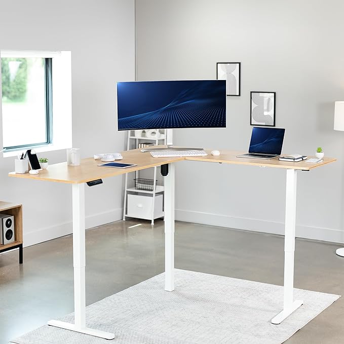 VIVO Electric Corner 75 x 63 inch L-Shaped Standing Desk, Memory Height Adjustment, Real Bamboo Top White Frame, DESK-E3CTWO-75