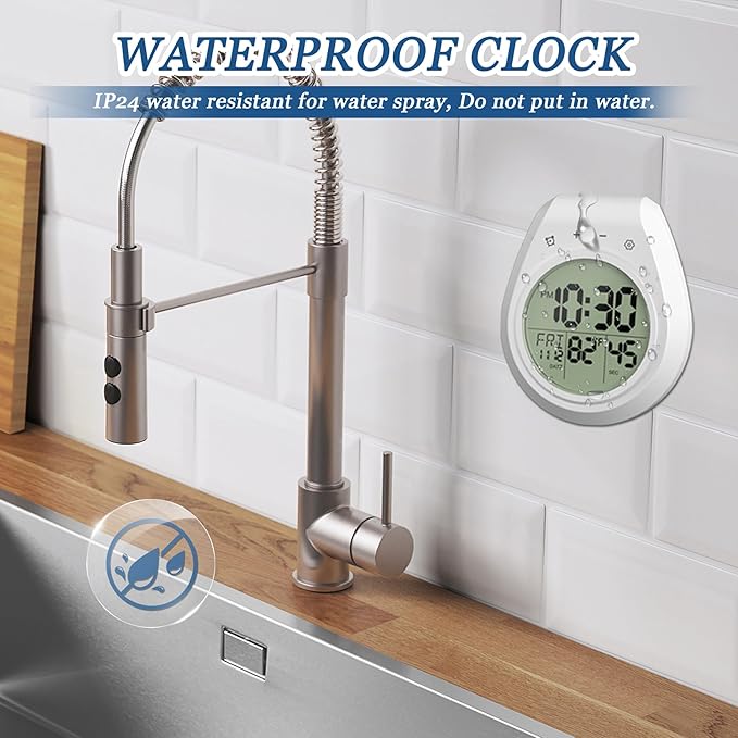USAOSHOP Bathroom Clock Waterproof Shower Timer, Digital Wall Clock with Countdown, Temperature Display, Calendar, Suction Cup Hanging Hole, for Kids and Adults, White
