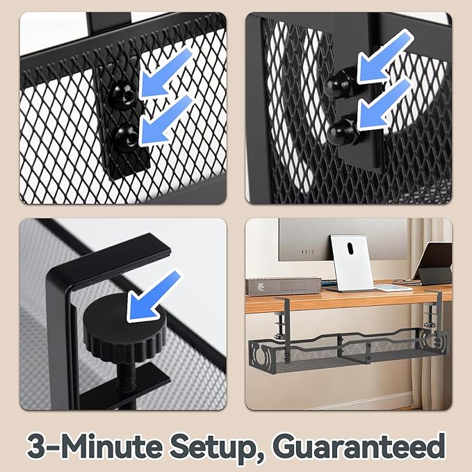 Cable Management, 25.3'' Under Desk Cable Management Tray No Drill, Metal Cable Organizer with Clamp for Wire Management, Cord Organizer for Home Office, Desk Accessories Organizer, Black