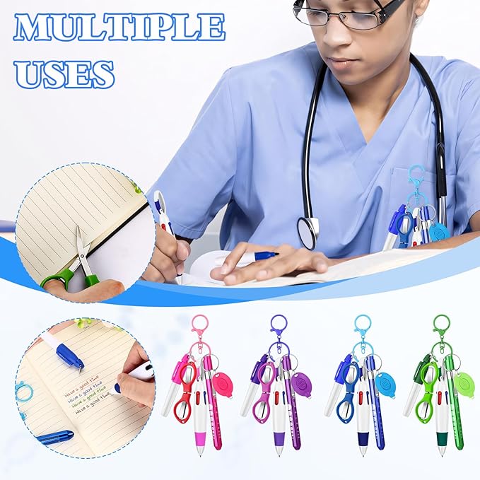 24 pcs Nurse Pen Set Include Permanent Marker Pen Pen Lights for Nurses Retractable Ballpoint Pen Nursing Keychain Clip Foldable Scissors LED Flashlight Keychain for Nurses (Blue Green Pink Purple)